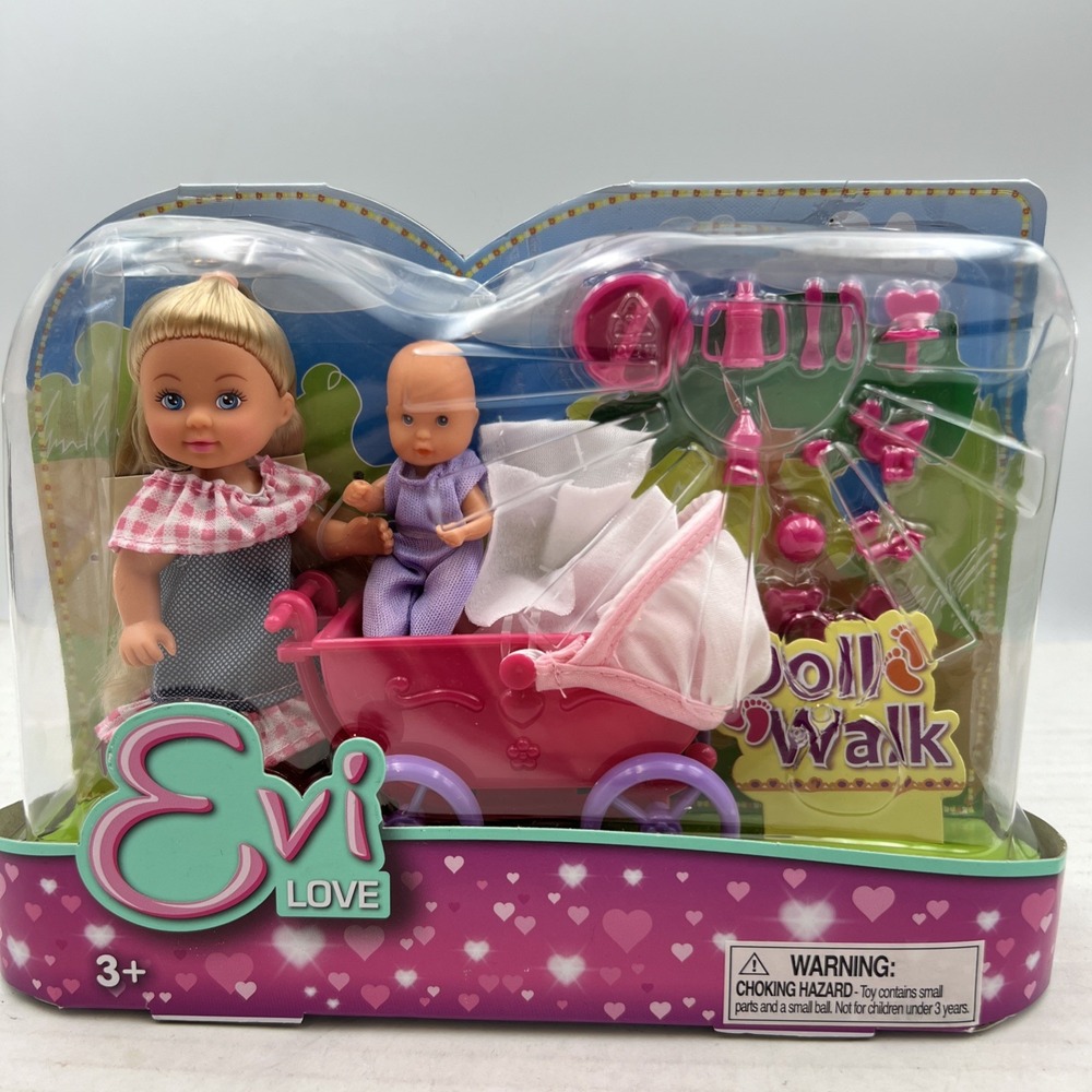 Evi Love Doll Walk 5" Doll with‎ Blonde Hair w/Baby & Stroller by Simba Toys NEW